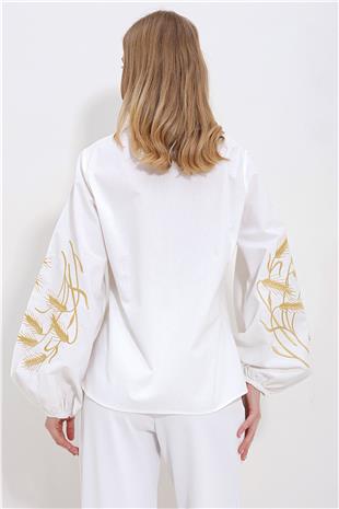 Kadın Beyaz Kolları İşlemeli Poplin Dokuma Gömlek ALC-X11374