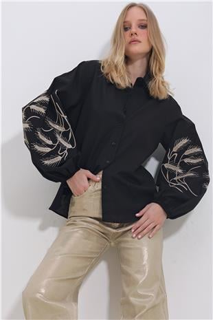 Kadın Siyah Kolları İşlemeli Poplin Dokuma Gömlek ALC-X11374