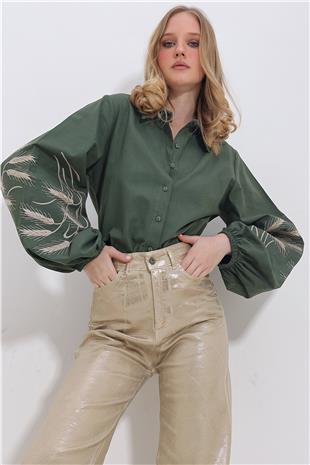 Kadın Haki Kolları İşlemeli Poplin Dokuma Gömlek ALC-X11374