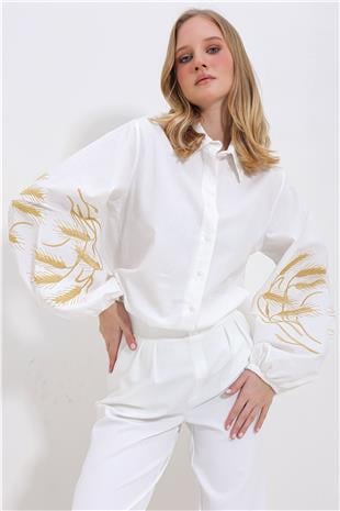 Kadın Beyaz Kolları İşlemeli Poplin Dokuma Gömlek ALC-X11374