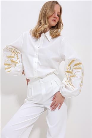 Kadın Beyaz Kolları İşlemeli Poplin Dokuma Gömlek ALC-X11374