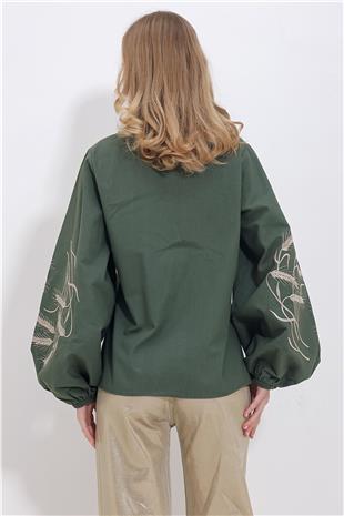 Kadın Haki Kolları İşlemeli Poplin Dokuma Gömlek ALC-X11374