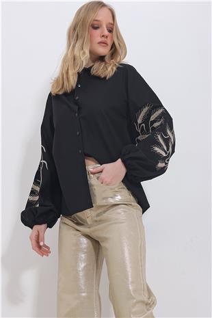 Kadın Siyah Kolları İşlemeli Poplin Dokuma Gömlek ALC-X11374