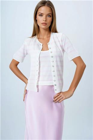 Kadın Pembe Kolsuz Bluz Ve Düğmeli Triko Hırka VS00850