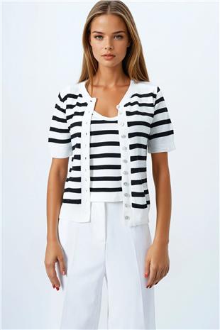 Kadın Siyah Kolsuz Bluz Ve Düğmeli Triko Hırka VS00850