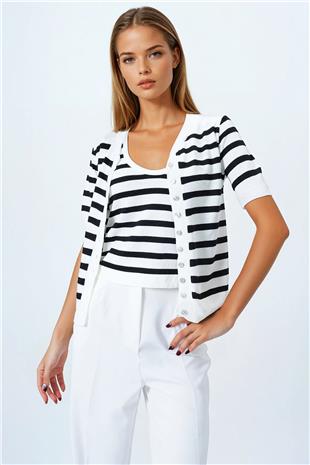 Kadın Siyah Kolsuz Bluz Ve Düğmeli Triko Hırka VS00850