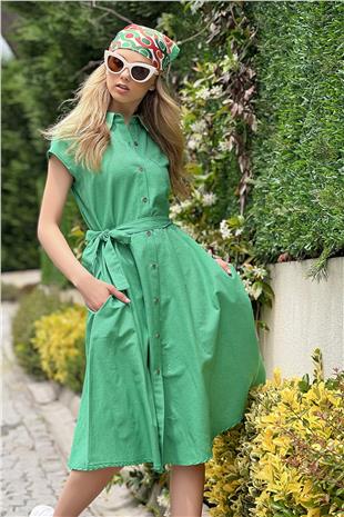 Kolsuz Keten Dokuma Gömlek Elbise - Yeşil