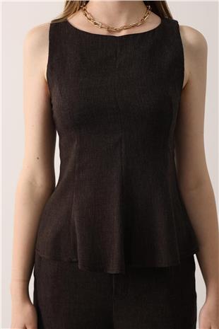 Kadın Kahve Kolsuz Peplum Kesim Dikiş Detaylı Bluz Ve Geniş Paça Pantolon Takım VS01154