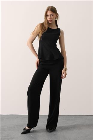 Kadın Siyah Kolsuz Peplum Kesim Dikiş Detaylı Bluz Ve Geniş Paça Pantolon Takım VS01154