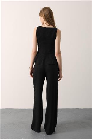 Kadın Siyah Kolsuz Peplum Kesim Dikiş Detaylı Bluz Ve Geniş Paça Pantolon Takım VS01154
