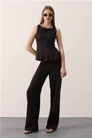 Kadın Kahve Kolsuz Peplum Kesim Dikiş Detaylı Bluz Ve Geniş Paça Pantolon Takım VS01154