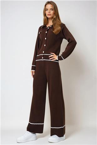 Kadın Acı Kahve Kontrast Biyeli Polo Yaka Triko Hırka Ve Pantolon Takım VS00978