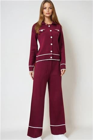 Kadın Bordo Kontrast Biyeli Polo Yaka Triko Hırka Ve Pantolon Takım VS00978