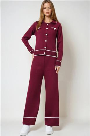 Kadın Bordo Kontrast Biyeli Polo Yaka Triko Hırka Ve Pantolon Takım VS00978