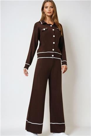 Kadın Acı Kahve Kontrast Biyeli Polo Yaka Triko Hırka Ve Pantolon Takım VS00978