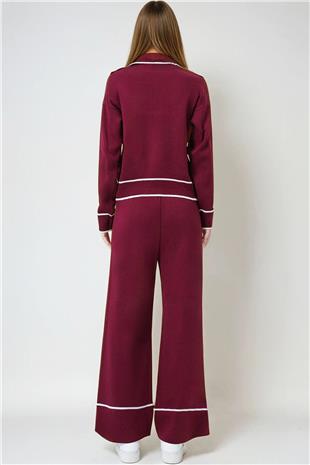 Kadın Bordo Kontrast Biyeli Polo Yaka Triko Hırka Ve Pantolon Takım VS00978