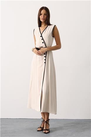 Kadın Bej Kontrast Detaylı Düğmeli Midi Boy Elbise VS01144