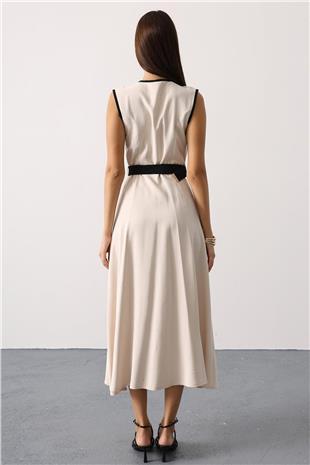 Kadın Bej Kontrast Detaylı Düğmeli Midi Boy Elbise VS01144