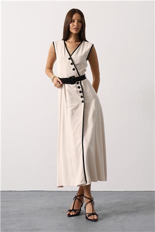 Kadın Bej Kontrast Detaylı Düğmeli Midi Boy Elbise VS01144