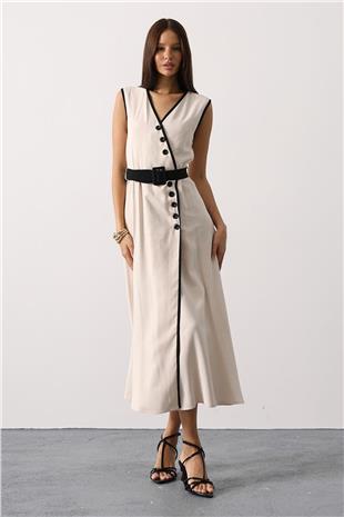 Kadın Bej Kontrast Detaylı Düğmeli Midi Boy Elbise VS01144