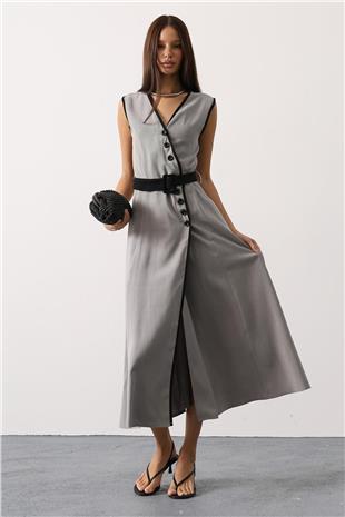 Kadın Gri Kontrast Detaylı Düğmeli Midi Boy Elbise VS01144