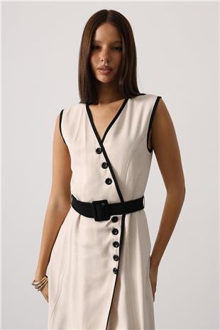 Kadın Bej Kontrast Detaylı Düğmeli Midi Boy Elbise VS01144