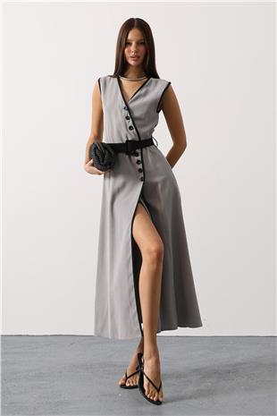 Kadın Gri Kontrast Detaylı Düğmeli Midi Boy Elbise VS01144