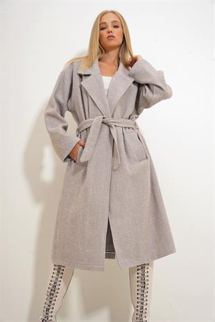 Kadın Bej Kruvaze Beli Kemerli Balık Sırtı Desenli Kaşe Palto ALC-X10824