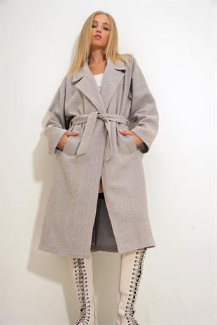 Kadın Bej Kruvaze Beli Kemerli Balık Sırtı Desenli Kaşe Palto ALC-X10824