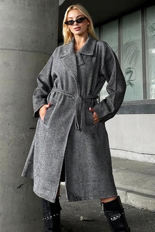 Kadın Siyah Kruvaze Beli Kemerli Balık Sırtı Desenli Kaşe Palto ALC-X10824