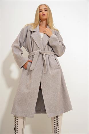 Kadın Bej Kruvaze Beli Kemerli Balık Sırtı Desenli Kaşe Palto ALC-X10824