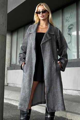 Kadın Siyah Kruvaze Beli Kemerli Balık Sırtı Desenli Kaşe Palto ALC-X10824