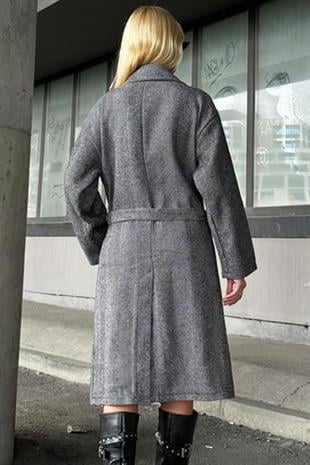 Kadın Siyah Kruvaze Beli Kemerli Balık Sırtı Desenli Kaşe Palto ALC-X10824