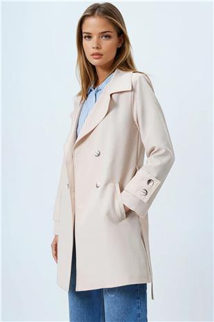 Kadın Bej Kruvaze Yaka Bağlamalı Astarlı Trençkot VS00842
