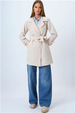 Kadın Bej Kruvaze Yaka Bağlamalı Astarlı Trençkot VS00842