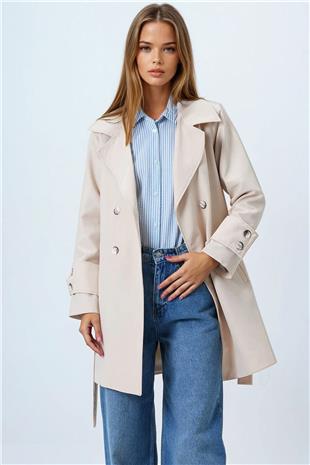 Kadın Bej Kruvaze Yaka Bağlamalı Astarlı Trençkot VS00842
