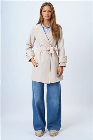 Kadın Bej Kruvaze Yaka Bağlamalı Astarlı Trençkot VS00842