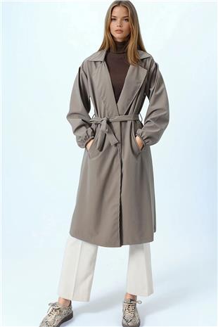 Kadın Vizon Kruvaze Yaka Bağlamalı Kolları Lastikli Trençkot VS01074