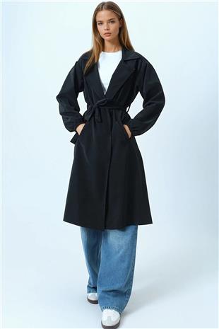 Kadın Siyah Kruvaze Yaka Bağlamalı Kolları Lastikli Trençkot VS01074