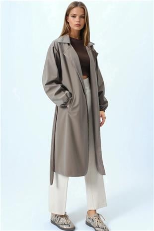 Kadın Vizon Kruvaze Yaka Bağlamalı Kolları Lastikli Trençkot VS01074