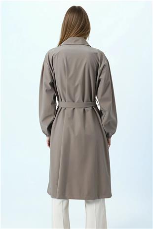 Kadın Vizon Kruvaze Yaka Bağlamalı Kolları Lastikli Trençkot VS01074