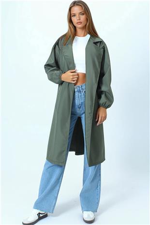 Kadın Haki Kruvaze Yaka Bağlamalı Kolları Lastikli Trençkot VS01074