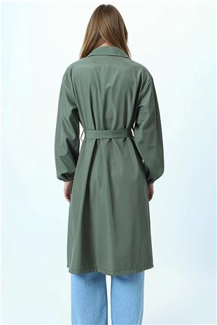 Kadın Haki Kruvaze Yaka Bağlamalı Kolları Lastikli Trençkot VS01074