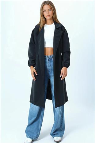 Kadın Siyah Kruvaze Yaka Bağlamalı Kolları Lastikli Trençkot VS01074