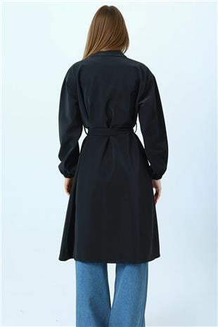 Kadın Siyah Kruvaze Yaka Bağlamalı Kolları Lastikli Trençkot VS01074