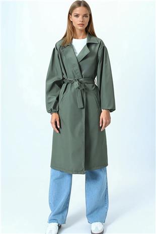 Kadın Haki Kruvaze Yaka Bağlamalı Kolları Lastikli Trençkot VS01074