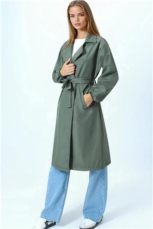 Kadın Haki Kruvaze Yaka Bağlamalı Kolları Lastikli Trençkot VS01074