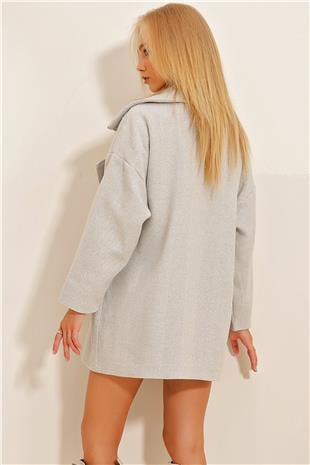 Kadın Gri Kruvaze Yaka Balık Sırtı Desenli Kaşe Cepli Kaban ALC-X10823