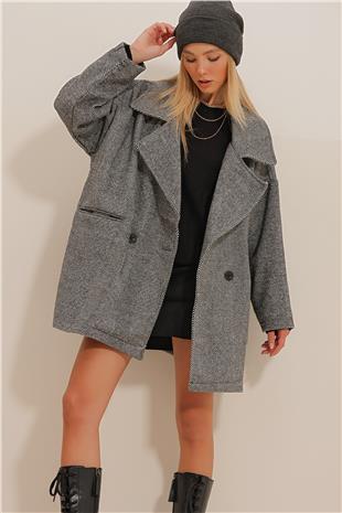 Kadın Siyah Kruvaze Yaka Balık Sırtı Desenli Kaşe Cepli Kaban ALC-X10823