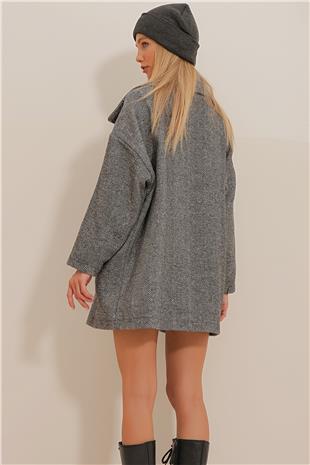 Kadın Siyah Kruvaze Yaka Balık Sırtı Desenli Kaşe Cepli Kaban ALC-X10823